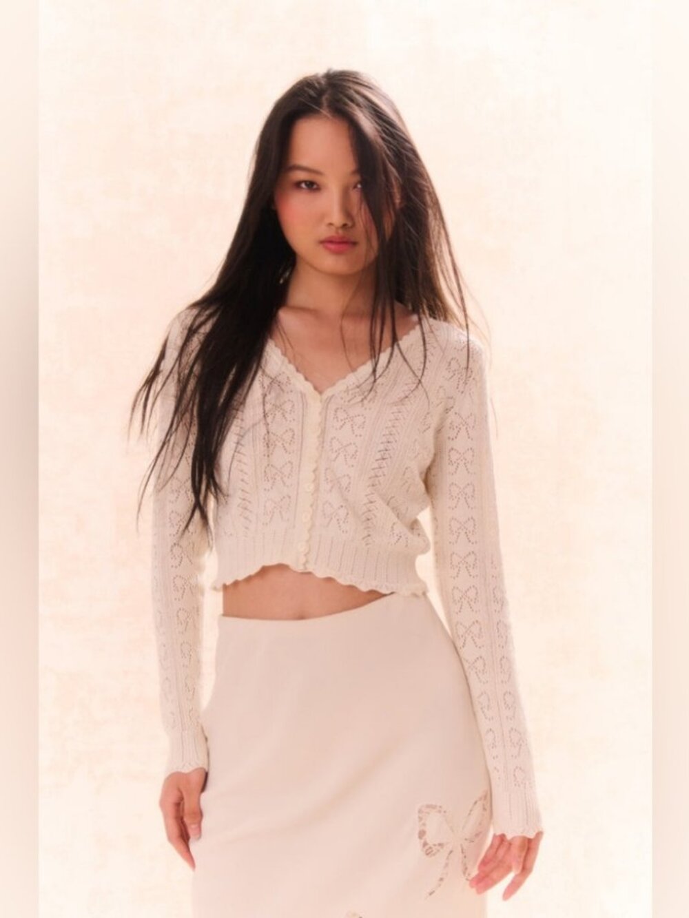 LOVESHACKFANCY Petra Bow Pointelle Cardigan, brand new, never worn